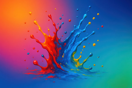 A dynamic composition featuring bright paint splashes in red, blue, and yellow, bursting upwards from a surface. The fluid colors mingle and scatter as droplets against a vibrant, soft gradient background transitioning from warm oranges and pinks to cool blues and greens. This artistic rendition evokes energy and creativity.の素材