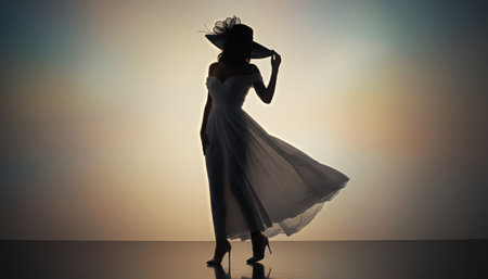 A full-length silhouette of an elegant woman striking a dynamic pose in a studio setting. She wears a wide-brimmed hat and a flowing garment, with her hand near the hat. The scene is lit by dramatic backlighting, casting her figure in deep shadow against a warm, gradient background. A reflective floor adds visual interest and depth to the sophisticated composition, highlighting grace and style.の素材