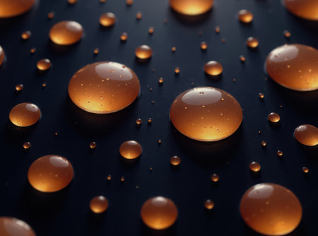 A close-up view of multiple transparent liquid droplets of varying sizes resting on a dark, possibly black, textured surface. Each droplet reflects a warm, golden-orange light, creating an illuminated effect reminiscent of small, glowing spheres or amber jewels. The varying sizes and scattered arrangement contribute to an abstract and textural composition. The background is subtly out of focus in some areas, emphasizing the liquid elements and their luminous quality.の素材