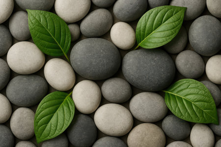 A close-up view of an arrangement of smooth, rounded river stones in varying shades of grey and white, interspersed with several vibrant fresh green leaves. The composition highlights natural textures and a sense of calm balance.の素材