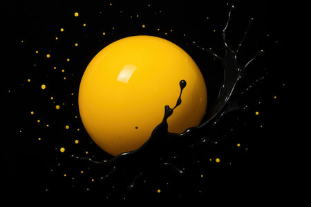 A vibrant, golden raw egg yolk is captured mid-splash with dark, viscous liquid on a pure black background, highlighting its smooth texture and rich color.の素材