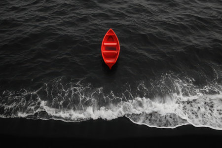 A vibrant red kayak rests gently on the dark, deep waters of what appears to be an ocean or large lake. The striking crimson hue of the boat creates a powerful contrast against the almost black surface of the water. Towards the bottom of the frame, a thin line of foamy white waves breaks softly at the shallow shoreline, adding dynamic texture and movement to the serene scene. The water shows subtle ripples, reflecting a calm yet profound atmosphere. This composition emphasizes solitude, exploration, and the quiet beauty of nature, inviting contemplation about journeys and moments of peace by the water's edge. The top-down perspective highlights the stark yet captivating visual impact.の素材