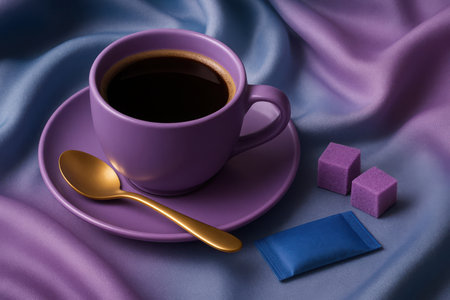 A purple ceramic cup filled with dark coffee sits on a matching saucer, accompanied by a golden spoon. Beside the cup are two purple sugar cubes and a small blue sugar packet. The arrangement rests on a beautiful, wavy textile background that blends from blue to purple, creating a tranquil and luxurious atmosphere.の素材