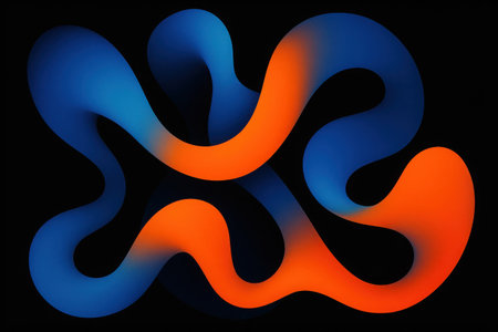 A captivating abstract design featuring an intricate interplay of fluid, intertwined shapes. Vibrant shades of blue and orange seamlessly gradient into each other, creating a dynamic visual flow. The organic, wavy forms twist and turn, suggesting motion and connection, while standing out boldly against a deep black background. This modern artwork evokes a sense of energy, contrast, and fluidity, making it ideal for various design projects, digital backgrounds, or artistic presentations seeking a contemporary and engaging visual element.の素材