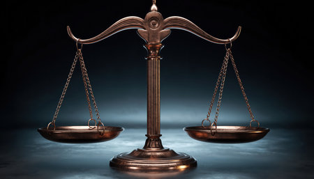 An ornate, bronze-colored balance scale is centered against a dark, dramatic background. Its two empty pans are perfectly balanced, symbolizing justice, law, fairness, and equality. This visual represents equilibrium and ethical decision-making.の素材