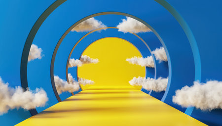 A vibrant, surreal perspective of a tunnel formed by concentric blue arches. A luminous yellow pathway extends towards a bright circular yellow opening, resembling a sun. Fluffy white clouds float within the blue space, evoking a dreamlike and whimsical atmosphere, symbolizing a hopeful journey or new possibilities.の素材