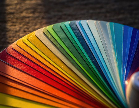 A detailed close-up presents an open fan of color swatches, meticulously arranged to display a complete chromatic spectrum. Each segment transitions smoothly from warm reds and oranges through yellows and greens to cool blues and purples. This essential visual aid is crucial for interior designers, architects, and painters for precise color selection, matching shades, and planning projects. It serves as a practical reference for home renovation, art creation, and various decorative applications, offering a comprehensive array of options against a subtly textured, dark background.の素材