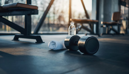 Fitness essentials, including a dumbbell, a rolled towel, and a clear water bottle, are arranged on the polished dark floor of a contemporary fitness studio. The blurred background features exercise benches and large windows allowing natural light to illuminate the space, suggesting a focus on active health and a workout environment.の素材