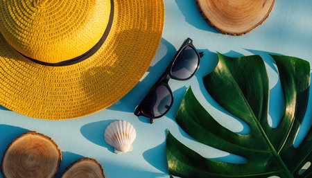 An overhead flat lay composition showcasing summer and travel essentials on a vibrant light blue background. The arrangement includes a circular yellow straw hat, a pair of dark-lensed sunglasses, and a large, verdant Monstera deliciosa leaf. Scattered around are small white seashells and several natural wooden coaster slices, adding to the relaxed, beach-inspired aesthetic. Bright, natural lighting casts gentle shadows, enhancing the depth of the scene. This vibrant display evokes feelings of tropical getaways, sunny vacations, and leisurely holiday moments.の素材