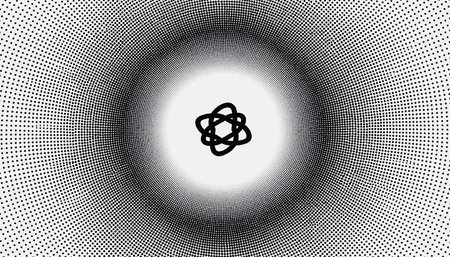A monochrome abstract artwork showcasing a central ring of connected circles, resembling an atom or cell. Outward from this core, a dynamic pattern of small black squares, dots, and irregular shapes radiates and expands across a bright white backdrop. The composition creates a sense of energetic diffusion, scientific concept, or digital data visualization, offering a versatile modern background for various applications.の素材