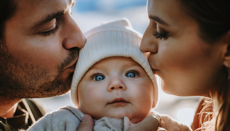 A heartwarming close-up shot features a baby with striking blue eyes, wearing a soft white knitted beanie, looking directly forward. The baby is cradled by loving parents, whose faces are partially visible as they each gently kiss the childs head from either side. The scene beautifully captures a tender moment of parental affection and connection. Soft natural light illuminates the family, highlighting the warmth and intimacy of their bond. The background is softly blurred, keeping the focus on the central figures and their expressions of care.の素材