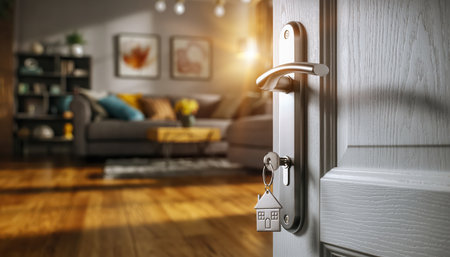 A close-up perspective of an open, textured door revealing a blurred but inviting modern living room in the background. The door features a sleek, silver handle and a contemporary electronic locking mechanism. Warm light bathes the wooden floor, extending into the spacious interior. The comfortable living area includes a dark sofa adorned with decorative cushions, a coffee table, a bookshelf, and framed artwork on the wall, creating a serene and stylish domestic environment. This scene evokes a sense of arrival, home comfort, and modern dwelling.の素材