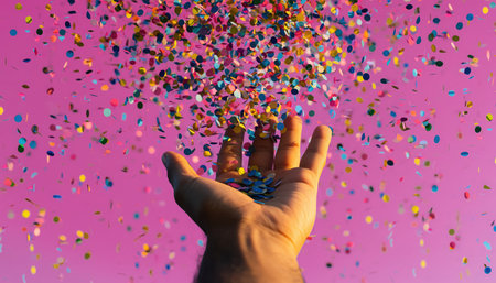 A vibrant scene featuring a human hand with its palm open, positioned against a solid pink background. Numerous small, brightly colored pieces of confetti are actively falling from above, with some landing in the hand and others scattering around. The confetti displays a variety of hues, creating a festive and celebratory atmosphere.の素材