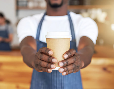 A person wearing a white t-shirt and blue denim apron extends both hands, presenting a textured brown paper coffee cup with a white lid. The background is a blurred cafe setting with wooden counters, emphasizing beverage service.の素材