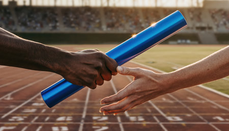 A close-up perspective showcases two participants hands engaged in a baton exchange during a relay event on a marked running track. One hand, with a darker skin tone, passes a vibrant blue baton to another hand with a lighter skin tone, symbolizing synergy and mutual effort. The sharp focus is on this critical moment of transition, set against a softly blurred backdrop of a stadium, suggesting the dynamic environment of a sporting challenge. This visual encapsulates joint endeavor, continuity, and athletic pursuit.の素材