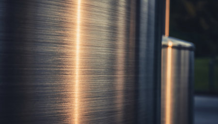A close-up view of a brushed metallic surface, possibly part of a pillar or structural element. The surface exhibits fine horizontal brush strokes and minor imperfections, creating a tactile texture. A warm, golden light, likely from the sun, reflects prominently on the metal, highlighting its sheen and adding a radiant glow. The background is softly blurred, keeping the focus on the intricate details and interplay of light and texture on the metal. This composition emphasizes industrial aesthetics, material properties, and the effect of illumination.の素材