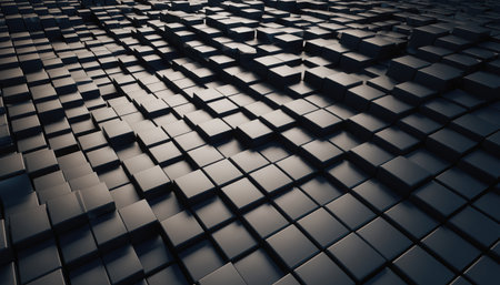 A detailed perspective of a dark, metallic surface composed of numerous rectangular cubes. The blocks vary slightly in height, creating an undulating, textured landscape with geometric precision. Light reflects off the polished surfaces, casting shadows and highlighting the complex arrangement. The overall impression is one of modern design, technology, or an abstract backdrop.の素材