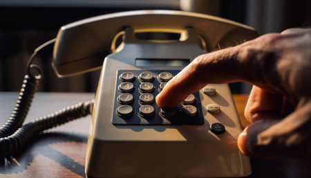 Close-up of a hand pressing buttons on an old beige push-button telephone. This scene captures the act of connecting through classic technology, evoking nostalgia and a sense of past communication methods. The focused lighting highlights the interaction with the retro device, suitable for themes of timeless connections and traditional outreach.の素材