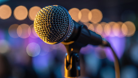 A close-up perspective of a professional vocal microphone on a stand, illuminated by ambient light. The metallic mesh head exhibits a textured surface, with a blurred background featuring warm yellow, purple, and blue bokeh lights, evoking the atmosphere of a concert, presentation, or festive entertainment venue.の素材
