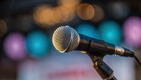 A professional microphone stands ready on a stage, its metallic mesh glistening. The background is a vibrant blur of out-of-focus lights in various hues like orange, blue, and purple, suggesting a dynamic live event or concert setting.の素材