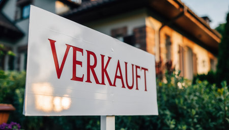 A prominent white sign featuring the bold red German word "VERKAUFT" (SOLD) stands clearly in the foreground, signaling a successful property transaction. The sign is positioned in front of a traditional residential building, partially visible and warmly illuminated by natural light, hinting at a pleasant late afternoon or early morning setting. Lush green bushes and carefully tended garden foliage frame the scene, contributing to a sense of an established and inviting home environment. This visual represents a key moment in the real estate journey, reflecting a completed sale, property investment, or a new beginning for homeowners. It effectively conveys themes of housing market dynamics, changes in ownership, and the conclusion of a significant financial agreement.の素材