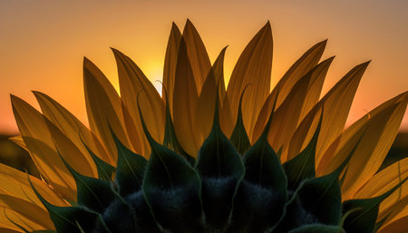 A close-up, low-angle perspective of a vibrant sunflower head silhouetted against a radiant sunset or sunrise. The prominent golden yellow petals face upwards and outwards, catching the warm, soft glow of the sun just above the horizon. The sky displays hues of bright orange and gold, creating a peaceful and serene backdrop. The dark green and brown center of the sunflower is visible at the bottom of the frame, providing a strong contrast to the bright sky. This natural scene evokes feelings of growth, warmth, and the beauty of dusk or dawn in a summer field.の素材