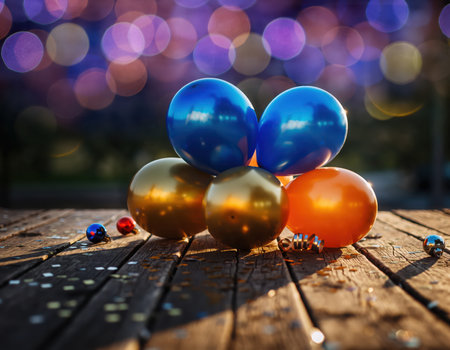A vibrant arrangement of blue, gold, and orange celebratory balloons rests on a rustic wooden surface. Small festive decorations are scattered around, with a dreamy, colorful bokeh light background.の素材