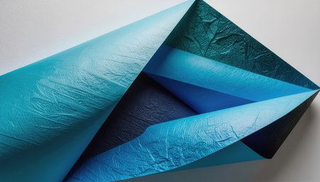 A close-up view of a textured material, appearing as glitter paper, meticulously folded multiple times. The material exhibits a gradient of blue and teal hues, with some areas appearing darker and others lighter due to the intricate folding and play of light. The entire surface has a sparkling, granular texture. The precise folds create a series of distinct geometric angles and layers, forming an abstract composition against a simple, light-colored background. This piece could represent layered textures, geometric patterns, or artistic folding techniques, useful for creative projects and design elements.の素材