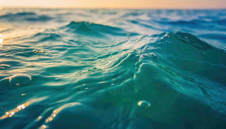 This captivating horizontal composition showcases a close-up view of the oceans surface during either sunrise or sunset. The water is a brilliant turquoise and deep blue, exhibiting gentle undulations and ripples across its expanse. The foreground features distinct wave crests and troughs, revealing the clarity and depth of the marine environment. Towards the horizon, a soft, warm golden glow from the sun casts a beautiful reflection on the water, creating a gradient of light and shadow. The scene evokes a sense of peace, natural beauty, and the vastness of the open sea. Its a perfect representation of marine serenity and aquatic movement under natural light conditions.の素材