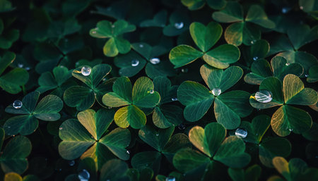 A detailed view of many vibrant green clover leaves, each dotted with clear water droplets. The outdoor setting creates a serene, refreshing natural pattern.の素材