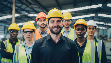 A diverse group of factory and manufacturing personnel stands together in an industrial facility. A smiling bearded man in a yellow hard hat is prominent in the foreground, with other team members, also wearing protective headwear and vests, positioned behind him. This represents a dedicated and collaborative industrial workforce.の素材