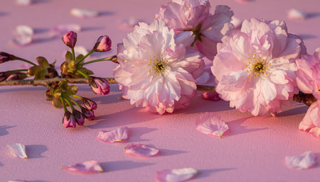 A cluster of delicate pink cherry blossoms with a small branch and scattered petals rest gracefully on a smooth pastel pink surface, evoking the gentle beauty of spring.の素材