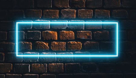 A vibrant electric blue rectangular light glows against a dark, textured brick wall. The old masonry shows rough details and subtle reflections, creating a moody, urban atmosphere.の素材