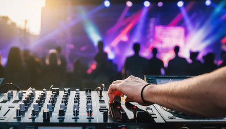 A close-up view of a persons right hand operating a professional DJ mixer. The hand is positioned over several sliders and knobs, with a red indicator light visible on one control, suggesting active sound manipulation. In the blurred background, silhouettes of a dancing crowd are visible under dynamic, colorful stage illumination in shades of blue, purple, and red. The scene captures the energetic atmosphere of a live music event, such as a nightclub, concert, or party, focusing on the equipment and the performers interaction with it.の素材