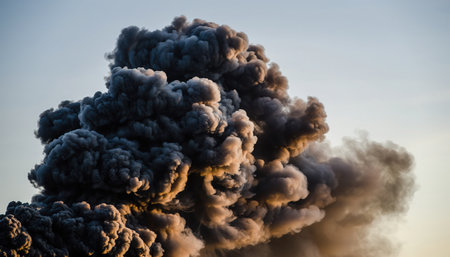 A formidable and dense column of dark smoke ascends into a clear sky, dominating the frame. The smoke exhibits shades of deep charcoal and gray, with lighter, warm tones evident at its base, suggesting a powerful combustion event or a significant industrial release. The immense scale of the plume implies a large-magnitude fire or environmental incident, creating a dramatic and perhaps concerning visual. It illustrates atmospheric disruption and potential pollution.の素材