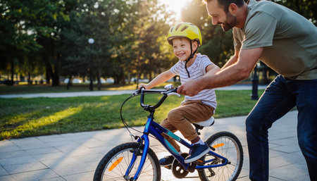 A smiling man supports a young boy on a blue bicycle as he learns to ride on a paved path in a sunlit park. The boy wears a protective yellow helmet, and both share a joyful moment outdoors.の素材