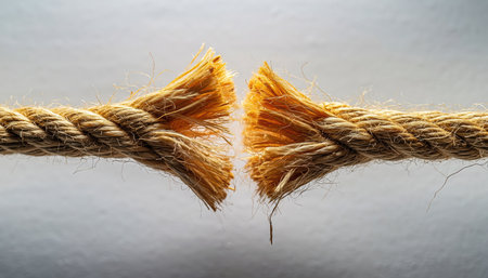 A natural fiber rope is shown actively breaking in the center, with fibers fraying and scattering outwards. The split is dramatic, suggesting intense tension and imminent failure. The light background emphasizes the action and texture of the rope. This visual represents concepts such as stress, weakness, crisis, or the point of no return.の素材