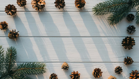 A flat lay composition featuring an arrangement of natural pine cones and vibrant evergreen sprigs bordering a rustic white wooden plank surface. It evokes a cozy, seasonal atmosphere.の素材