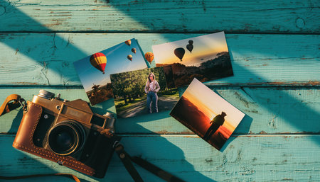 A flat lay composition featuring an antique film camera surrounded by several small printed photographs of landscapes and hot air balloons, along with natural mementos. The items rest on a weathered, light blue wooden surface, illuminated by strong natural light casting distinct shadows. This arrangement evokes themes of travel, summer vacations, nostalgia, and personal exploration.の素材