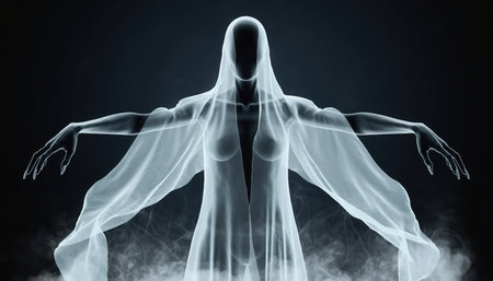 A translucent, hooded figure with long, flowing drapery and outstretched arms emerges from swirling mist against a dark, atmospheric background, embodying a spectral and mystical presence.の素材