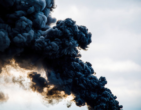 A thick, dark black plume of smoke billows upwards against a bright, overcast sky. The dense smoke originates from a lower unseen source, likely a large fire or industrial incident, spreading wide as it ascends. This visual conveys themes of environmental pollution, disaster, industrial impact, and danger. The texture of the smoke is heavy and oppressive, creating a somber mood and illustrating consequences of environmental damage or emergencies.の素材