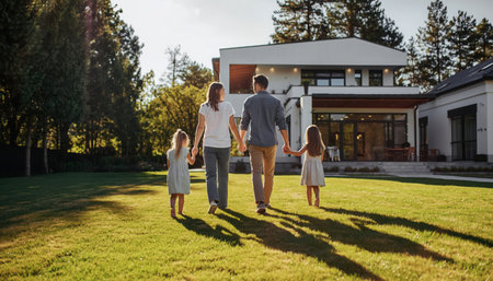 A happy family, consisting of parents and two young daughters, walks hand-in-hand across a lush green lawn towards a modern house on a sunny day. The spacious backyard features mature trees and a well-maintained garden, creating a serene and joyful outdoor environment for family life.の素材