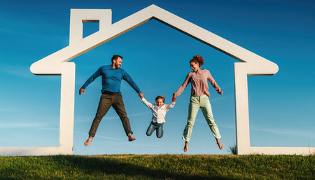 A joyful family, a man, woman, and their young child, leap together within a large white outline of a house. They are set against a vibrant blue sky and green grassy ground, symbolizing home, happiness, and future aspirations.の素材
