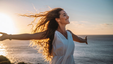 A radiant woman with a blissful expression stands with her arms outstretched, her long, curly hair gently blowing in the breeze. She is positioned against the stunning backdrop of a golden sunset over the vast ocean, creating a warm and inviting atmosphere. The woman wears a simple white dress, enhancing the natural and serene feel of the scene. Her eyes are closed, suggesting a moment of deep peace, meditation, or pure joy as she fully embraces the natural beauty surrounding her. This tranquil coastal setting evokes feelings of freedom, wellness, and a connection to nature, making it ideal for themes of travel, mindfulness, and personal fulfillment.の素材