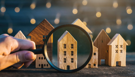A close-up perspective captures a persons hand precisely positioning a magnifying glass over a meticulously crafted miniature wooden house. The chosen dwelling stands in sharp focus, its architectural details clearly visible through the lens. Several other miniature wooden structures populate the scene, appearing softly blurred in the foreground and background, suggesting a selection of properties or an urban landscape. The setting features a warm, out-of-focus backdrop adorned with subtle bokeh lights, indicating an indoor or evening atmosphere. This visual illustrates themes of property evaluation, diligent home searching, careful investment planning, and detailed real estate market analysis, emphasizing the process of examining potential assets.の素材