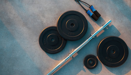 A top-down view of essential weightlifting gear laid out on a textured concrete surface. The collection includes a silver barbell or dumbbell bar, several dark circular weight plates of varying sizes, and a black and blue hand gripper. This arrangement evokes themes of strength building, physical exercise, and home or commercial gym workouts.の素材