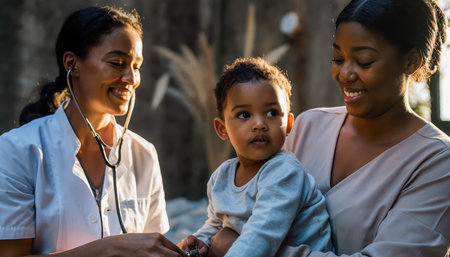The scene captures a warm and reassuring moment between a healthcare professional, a mother, and her baby. The medical practitioner, identifiable by a stethoscope around her neck, is gently engaging with the infant. The baby, held securely by its smiling mother, looks attentively towards the professional. Both adults are smiling, conveying a sense of reassurance, trust, and care. The natural lighting suggests an outdoor setting or a brightly lit room, emphasizing a positive and hopeful atmosphere during what appears to be a routine health consultation or pediatric visit.の素材