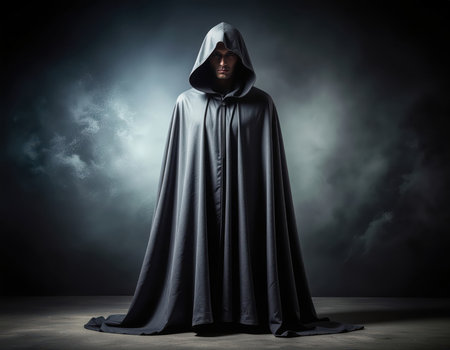 A central figure stands facing forward, shrouded in a dark, textured hooded cloak that drapes to the ground. The face is deeply shadowed and partially obscured by the hood, creating an ominous and mysterious presence. The background is a dark, smoky expanse with subtle speckles, suggesting a cosmic or ethereal environment. Dramatic lighting enhances the somber and enigmatic mood.の素材