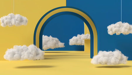 A vibrant and imaginative scene featuring a split yellow and blue background. A prominent arched portal stands centrally, also divided into matching yellow and blue segments, creating a sense of depth and a gateway to another dimension. Numerous fluffy, white clouds are strategically placed throughout the composition, some appearing to float in the air while others rest on the ground, casting soft shadows. The overall aesthetic is minimalist, modern, and conceptual, evoking feelings of dreams, fantasy, and open possibilities. This bright and cheerful setting is perfect for various creative projects, artistic displays, or as a compelling backdrop.の素材