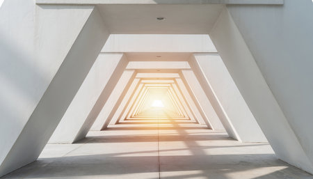 This captivating photograph showcases a symmetrical view through a contemporary architectural corridor. The structure features clean, white or light-toned concrete walls forming a series of receding rectangular frames. This precise geometry creates a powerful sense of depth and an infinite perspective, drawing the viewers eye towards the vanishing point. A brilliant, warm light emanates from the far end of the passage, casting subtle shadows and illuminating the entire journey. The geometric precision and repetitive elements contribute to an abstract aesthetic, while the prominent light suggests themes of hope, discovery, opportunity, or a clear path forward. Its a visual metaphor for progress, innovation, or a new beginning, suitable for various conceptual projects.の素材